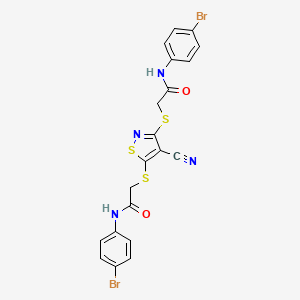 molecular formula C20H14Br2N4O2S3 B11518644 2-[(3-{[2-(4-Bromoanilino)-2-oxoethyl]sulfanyl}-4-cyano-5-isothiazolyl)sulfanyl]-N-(4-bromophenyl)acetamide CAS No. 371957-37-8