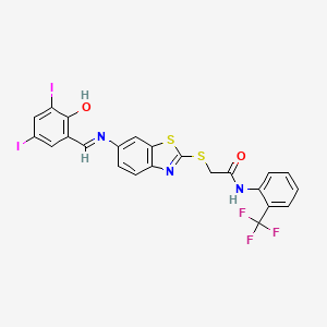 2-[(6-{[(E)-(2-hydroxy-3,5-diiodophenyl)methylidene]amino}-1,3-benzothiazol-2-yl)sulfanyl]-N-[2-(trifluoromethyl)phenyl]acetamide