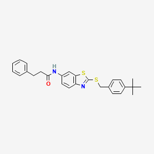 molecular formula C27H28N2OS2 B11519160 N-{2-[(4-tert-butylbenzyl)sulfanyl]-1,3-benzothiazol-6-yl}-3-phenylpropanamide 