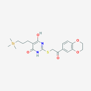 molecular formula C20H26N2O5SSi B11519261 2-{[2-(2,3-Dihydro-1,4-benzodioxin-6-YL)-2-oxoethyl]sulfanyl}-6-hydroxy-5-[3-(trimethylsilyl)propyl]-3,4-dihydropyrimidin-4-one 