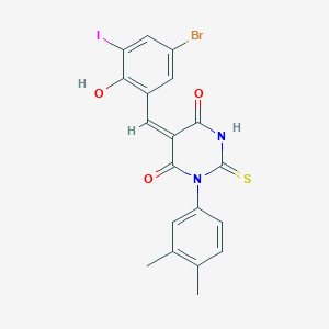 molecular formula C19H14BrIN2O3S B11519401 (5E)-5-[(5-bromo-2-hydroxy-3-iodophenyl)methylidene]-1-(3,4-dimethylphenyl)-2-sulfanylidene-1,3-diazinane-4,6-dione 