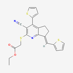 ethyl {[(7E)-3-cyano-4-(thiophen-2-yl)-7-(thiophen-2-ylmethylidene)-6,7-dihydro-5H-cyclopenta[b]pyridin-2-yl]sulfanyl}acetate