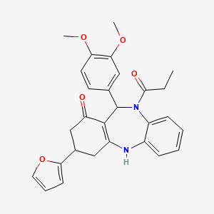 molecular formula C28H28N2O5 B11519480 11-(3,4-dimethoxyphenyl)-3-(furan-2-yl)-10-propanoyl-2,3,4,5,10,11-hexahydro-1H-dibenzo[b,e][1,4]diazepin-1-one 