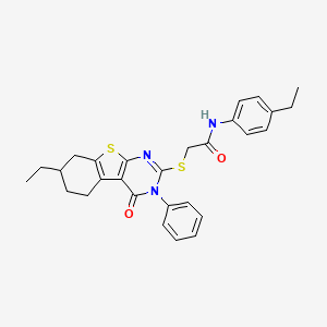 molecular formula C28H29N3O2S2 B11519724 2-[(7-ethyl-4-oxo-3-phenyl-3,4,5,6,7,8-hexahydro[1]benzothieno[2,3-d]pyrimidin-2-yl)sulfanyl]-N-(4-ethylphenyl)acetamide 