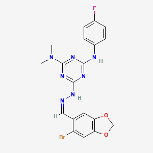 6-{(2Z)-2-[(6-bromo-1,3-benzodioxol-5-yl)methylidene]hydrazinyl}-N'-(4-fluorophenyl)-N,N-dimethyl-1,3,5-triazine-2,4-diamine