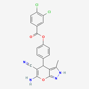 molecular formula C21H14Cl2N4O3 B11519799 4-(6-Amino-5-cyano-3-methyl-1,4-dihydropyrano[2,3-c]pyrazol-4-yl)phenyl 3,4-dichlorobenzoate 