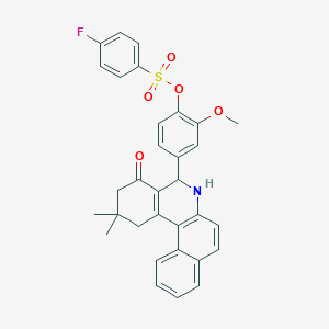 molecular formula C32H28FNO5S B11520126 4-(2,2-Dimethyl-4-oxo-1,2,3,4,5,6-hexahydrobenzo[a]phenanthridin-5-yl)-2-methoxyphenyl 4-fluorobenzenesulfonate 