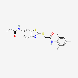 molecular formula C21H23N3O2S2 B11520207 N-[2-({2-oxo-2-[(2,4,6-trimethylphenyl)amino]ethyl}sulfanyl)-1,3-benzothiazol-6-yl]propanamide 