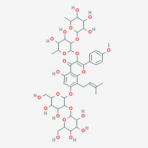 molecular formula C45H60O24 B115203 7-[4,5-Dihydroxy-6-(hydroxymethyl)-3-[3,4,5-trihydroxy-6-(hydroxymethyl)oxan-2-yl]oxyoxan-2-yl]oxy-3-[4,5-dihydroxy-6-methyl-3-(3,4,5-trihydroxy-6-methyloxan-2-yl)oxyoxan-2-yl]oxy-5-hydroxy-2-(4-methoxyphenyl)-8-(3-methylbut-2-enyl)chromen-4-one CAS No. 142735-71-5