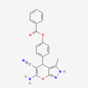 molecular formula C21H16N4O3 B11520333 4-(6-Amino-5-cyano-3-methyl-1,4-dihydropyrano[2,3-c]pyrazol-4-yl)phenyl benzoate 