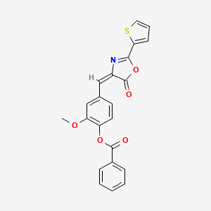 molecular formula C22H15NO5S B11520410 2-methoxy-4-{(E)-[5-oxo-2-(thiophen-2-yl)-1,3-oxazol-4(5H)-ylidene]methyl}phenyl benzoate 