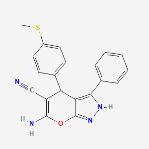 molecular formula C20H16N4OS B11520556 6-amino-4-[4-(methylsulfanyl)phenyl]-3-phenyl-1H,4H-pyrano[2,3-c]pyrazole-5-carbonitrile 