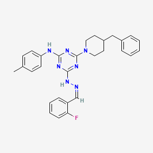 4-(4-benzylpiperidin-1-yl)-6-[(2Z)-2-(2-fluorobenzylidene)hydrazinyl]-N-(4-methylphenyl)-1,3,5-triazin-2-amine