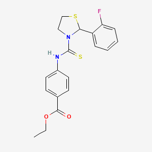 molecular formula C19H19FN2O2S2 B11520621 Ethyl 4-{[2-(2-fluorophenyl)-1,3-thiazolidine-3-carbothioyl]amino}benzoate 