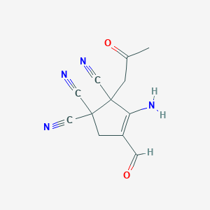 molecular formula C12H10N4O2 B11520821 3-Cyclopentene-1,1,2-tricarbonitrile, 3-amino-4-formyl-2-(2-oxopropyl)- CAS No. 97841-63-9