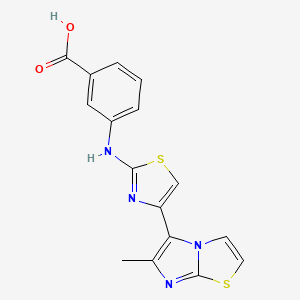 molecular formula C16H12N4O2S2 B11520905 3-[(4-{6-Methylimidazo[2,1-B][1,3]thiazol-5-YL}-1,3-thiazol-2-YL)amino]benzoic acid 