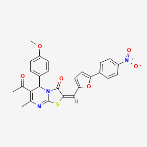 molecular formula C27H21N3O6S B11521067 (2E)-6-acetyl-5-(4-methoxyphenyl)-7-methyl-2-{[5-(4-nitrophenyl)furan-2-yl]methylidene}-5H-[1,3]thiazolo[3,2-a]pyrimidin-3(2H)-one 