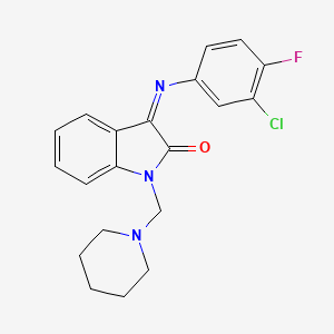 molecular formula C20H19ClFN3O B11521367 (3E)-3-[(3-chloro-4-fluorophenyl)imino]-1-(piperidin-1-ylmethyl)-1,3-dihydro-2H-indol-2-one 