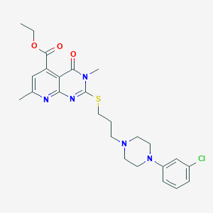 molecular formula C25H30ClN5O3S B115214 Pyrido(2,3-d)pyrimidine-5-carboxylic acid, 3,4-dihydro-2-((3-(4-(3-chlorophenyl)-1-piperazinyl)propyl)thio)-3,7-dimethyl-4-oxo-, ethyl ester CAS No. 147296-98-8
