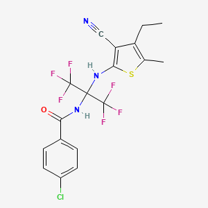 molecular formula C18H14ClF6N3OS B11521493 4-chloro-N-{2-[(3-cyano-4-ethyl-5-methylthiophen-2-yl)amino]-1,1,1,3,3,3-hexafluoropropan-2-yl}benzamide 