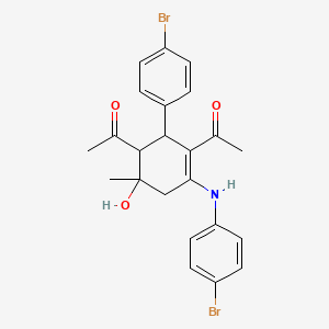 molecular formula C23H23Br2NO3 B11521501 1,1'-{2-(4-Bromophenyl)-4-[(4-bromophenyl)amino]-6-hydroxy-6-methylcyclohex-3-ene-1,3-diyl}diethanone 