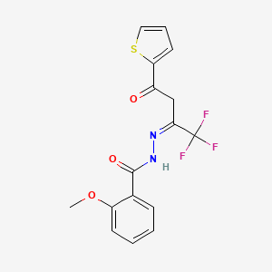 molecular formula C16H13F3N2O3S B11521678 2-methoxy-N'-[(2Z)-1,1,1-trifluoro-4-oxo-4-(thiophen-2-yl)butan-2-ylidene]benzohydrazide 