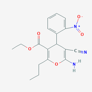 molecular formula C18H19N3O5 B11522122 ethyl 6-amino-5-cyano-4-(2-nitrophenyl)-2-propyl-4H-pyran-3-carboxylate 