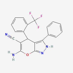 molecular formula C20H13F3N4O B11522454 6-Amino-3-phenyl-4-[2-(trifluoromethyl)phenyl]-1,4-dihydropyrano[2,3-c]pyrazole-5-carbonitrile 