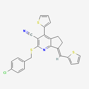 (7E)-2-[(4-chlorobenzyl)sulfanyl]-4-(thiophen-2-yl)-7-(thiophen-2-ylmethylidene)-6,7-dihydro-5H-cyclopenta[b]pyridine-3-carbonitrile