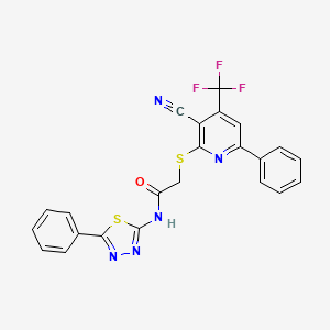 molecular formula C23H14F3N5OS2 B11522577 2-{[3-cyano-6-phenyl-4-(trifluoromethyl)pyridin-2-yl]sulfanyl}-N-(5-phenyl-1,3,4-thiadiazol-2-yl)acetamide 