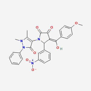 molecular formula C29H24N4O7 B11522696 4-{3-hydroxy-4-[(4-methoxyphenyl)carbonyl]-5-(3-nitrophenyl)-2-oxo-2,5-dihydro-1H-pyrrol-1-yl}-1,5-dimethyl-2-phenyl-1,2-dihydro-3H-pyrazol-3-one 