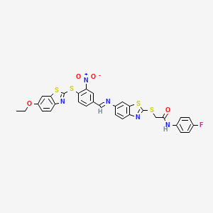 2-[(6-{[(E)-{4-[(6-ethoxy-1,3-benzothiazol-2-yl)sulfanyl]-3-nitrophenyl}methylidene]amino}-1,3-benzothiazol-2-yl)sulfanyl]-N-(4-fluorophenyl)acetamide