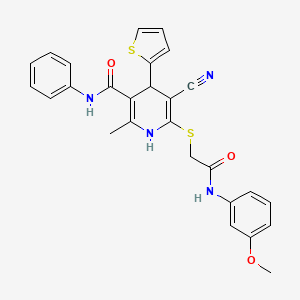 molecular formula C27H24N4O3S2 B11522812 5-cyano-6-({2-[(3-methoxyphenyl)amino]-2-oxoethyl}sulfanyl)-2-methyl-N-phenyl-4-(thiophen-2-yl)-1,4-dihydropyridine-3-carboxamide 