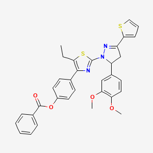 molecular formula C33H29N3O4S2 B11523002 4-{2-[5-(3,4-dimethoxyphenyl)-3-(thiophen-2-yl)-4,5-dihydro-1H-pyrazol-1-yl]-5-ethyl-1,3-thiazol-4-yl}phenyl benzoate 