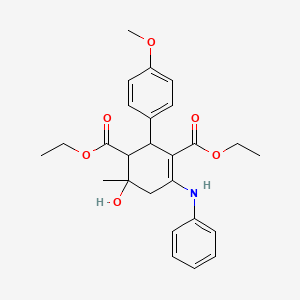 molecular formula C26H31NO6 B11523051 Diethyl 6-hydroxy-2-(4-methoxyphenyl)-6-methyl-4-(phenylamino)cyclohex-3-ene-1,3-dicarboxylate 