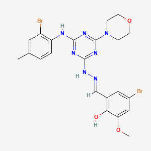 molecular formula C22H23Br2N7O3 B11523216 4-bromo-2-[(E)-(2-{4-[(2-bromo-4-methylphenyl)amino]-6-(morpholin-4-yl)-1,3,5-triazin-2-yl}hydrazinylidene)methyl]-6-methoxyphenol 