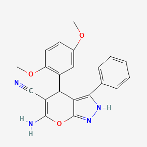 molecular formula C21H18N4O3 B11523222 6-Amino-4-(2,5-dimethoxyphenyl)-3-phenyl-1,4-dihydropyrano[2,3-c]pyrazole-5-carbonitrile 