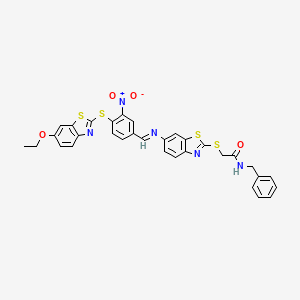 molecular formula C32H25N5O4S4 B11523286 N-benzyl-2-[(6-{[(E)-{4-[(6-ethoxy-1,3-benzothiazol-2-yl)sulfanyl]-3-nitrophenyl}methylidene]amino}-1,3-benzothiazol-2-yl)sulfanyl]acetamide 