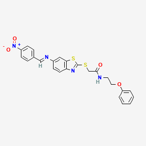 molecular formula C24H20N4O4S2 B11523340 2-[(6-{[(E)-(4-nitrophenyl)methylidene]amino}-1,3-benzothiazol-2-yl)sulfanyl]-N-(2-phenoxyethyl)acetamide 