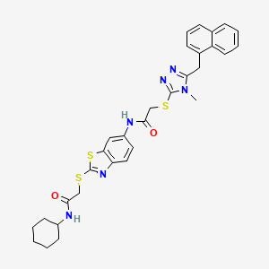 molecular formula C31H32N6O2S3 B11523556 N-(2-{[2-(cyclohexylamino)-2-oxoethyl]sulfanyl}-1,3-benzothiazol-6-yl)-2-{[4-methyl-5-(naphthalen-1-ylmethyl)-4H-1,2,4-triazol-3-yl]sulfanyl}acetamide 