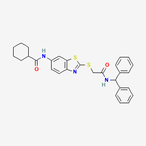 molecular formula C29H29N3O2S2 B11523567 N-[2-({2-[(diphenylmethyl)amino]-2-oxoethyl}sulfanyl)-1,3-benzothiazol-6-yl]cyclohexanecarboxamide 