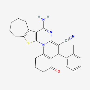 13-amino-9-(2-methylphenyl)-7-oxo-22-thia-2,12-diazapentacyclo[12.8.0.02,11.03,8.015,21]docosa-1(14),3(8),10,12,15(21)-pentaene-10-carbonitrile