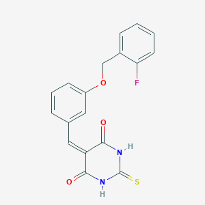 molecular formula C18H13FN2O3S B11523812 5-{3-[(2-fluorobenzyl)oxy]benzylidene}-2-thioxodihydropyrimidine-4,6(1H,5H)-dione 