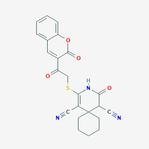 molecular formula C23H19N3O4S B11523997 4-oxo-2-{[2-oxo-2-(2-oxo-2H-chromen-3-yl)ethyl]sulfanyl}-3-azaspiro[5.5]undec-1-ene-1,5-dicarbonitrile 