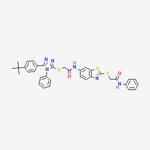 molecular formula C35H32N6O2S3 B11524036 2-{[5-(4-tert-butylphenyl)-4-phenyl-4H-1,2,4-triazol-3-yl]sulfanyl}-N-(2-{[2-oxo-2-(phenylamino)ethyl]sulfanyl}-1,3-benzothiazol-6-yl)acetamide 