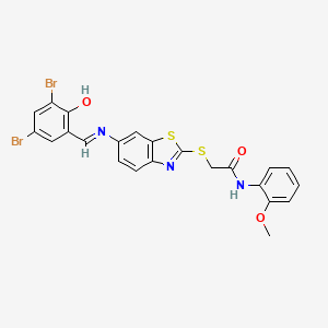 molecular formula C23H17Br2N3O3S2 B11524208 2-[(6-{[(E)-(3,5-dibromo-2-hydroxyphenyl)methylidene]amino}-1,3-benzothiazol-2-yl)sulfanyl]-N-(2-methoxyphenyl)acetamide 