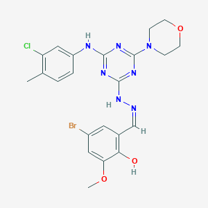 molecular formula C22H23BrClN7O3 B11524217 4-bromo-2-[(Z)-(2-{4-[(3-chloro-4-methylphenyl)amino]-6-(morpholin-4-yl)-1,3,5-triazin-2-yl}hydrazinylidene)methyl]-6-methoxyphenol 