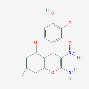 molecular formula C18H20N2O6 B11524450 2-amino-4-(4-hydroxy-3-methoxyphenyl)-7,7-dimethyl-3-nitro-4,6,7,8-tetrahydro-5H-chromen-5-one 