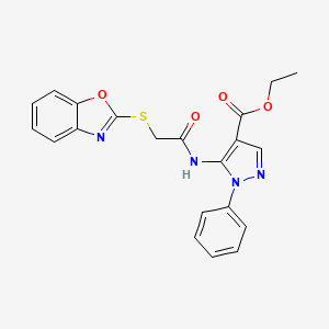 molecular formula C21H18N4O4S B11524470 ethyl 5-{[(1,3-benzoxazol-2-ylsulfanyl)acetyl]amino}-1-phenyl-1H-pyrazole-4-carboxylate 