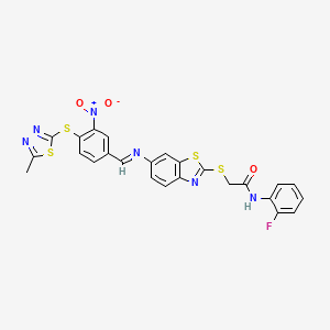 N-(2-fluorophenyl)-2-[(6-{[(E)-{4-[(5-methyl-1,3,4-thiadiazol-2-yl)sulfanyl]-3-nitrophenyl}methylidene]amino}-1,3-benzothiazol-2-yl)sulfanyl]acetamide